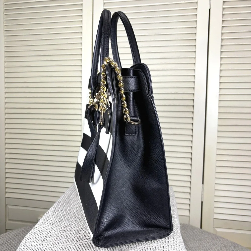 Bold Dasin Black White Striped Tote Modernist Gold Hardware Satchel Handbag Tote